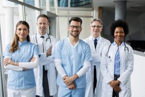 Diverse group of hospital doctors, surgeons, and nurses